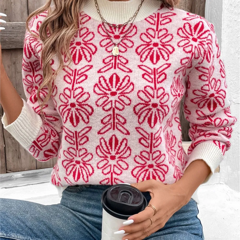 Winter Clothes Woman Pulls Femmes Loose Contrast Half Turtleneck Floral Jacquard Knitted Sweater All-match Loose Simple Style