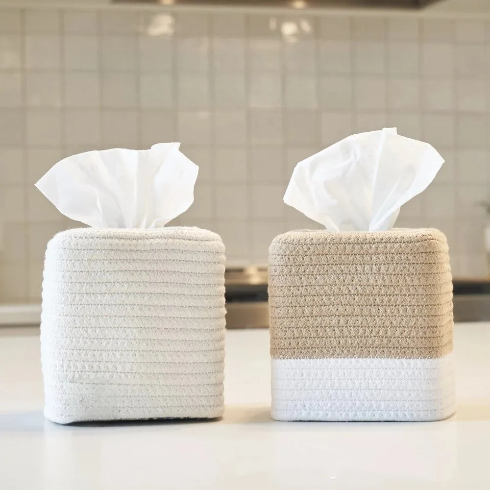 Multi-functional Rustic Woven Tissue Box Hand-woven Cotton Thread Minimalist Tissue Box Square Decorative Roll Holder Office - view 4