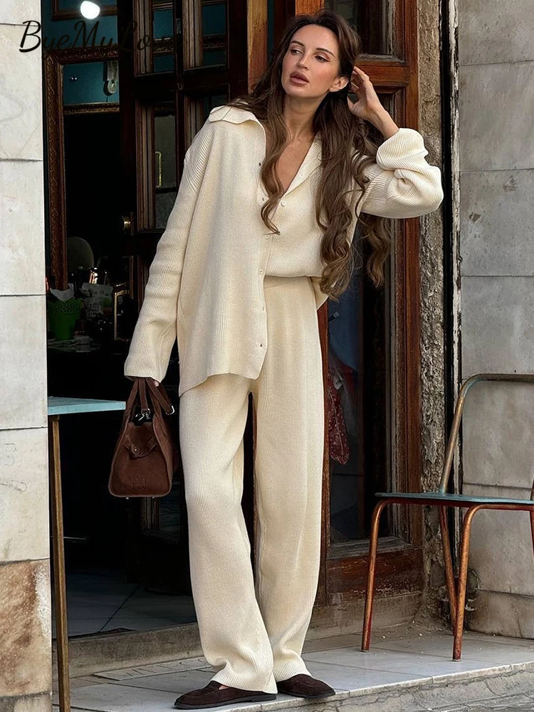

ByeMyLove Повседневный вязаный комплект для отдыха Вязаные комплекты из 2 предметов Женский кардиган на пуговицах и брюки с воротником с лацканами Удобная осенняя одежда