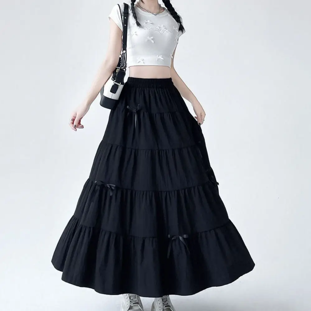 Vintage bowknot em camadas midi saia altura cintura cor sólida bolo longo a linha saias plissado chique sete pontos vestido longo menina