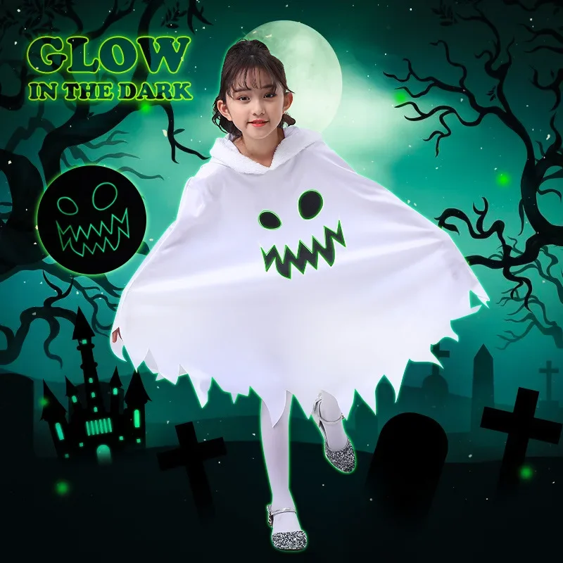 Child Boy Girl Cute White Ghost Demon Glow in The Dark Cape Cosplay Costume Kids Fancy Dress Performance Halloween Theme Party