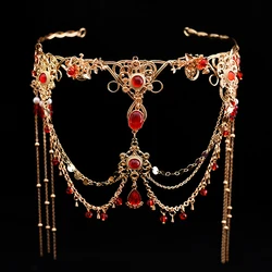 Red Purple Drop Crystal Long Chain Antique Exotic Ethnic Bride Wedding Headwear Hair Accessories for Women Handmade Hair Jewelry
