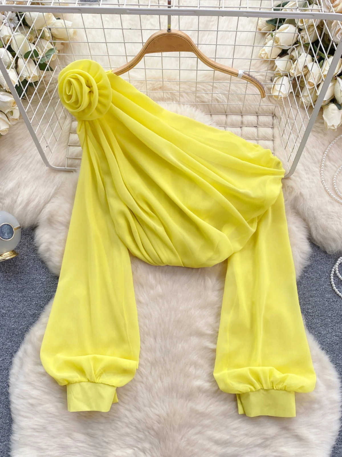 

3D Floral Shirts Blouses Top Women 2025 Spring Chiffon Blouse Camisas Skew Collar Ropa Blusas Para Mujer French Women Clothing
