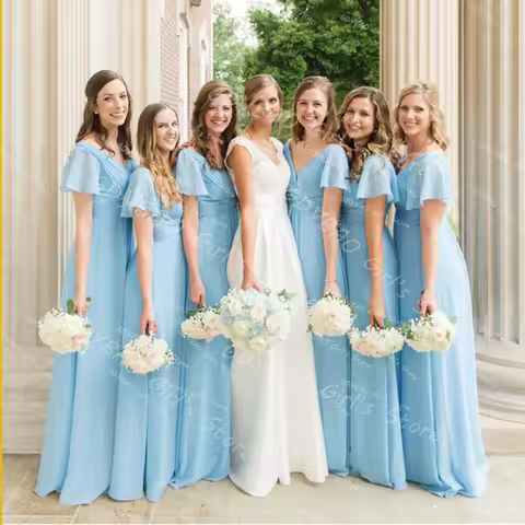 Sky Blue Bridesmaid Dress for Women Double V Neck Wedding Guest Frock Customized Pleated Chiffon Prom Dress Long Evening Gown