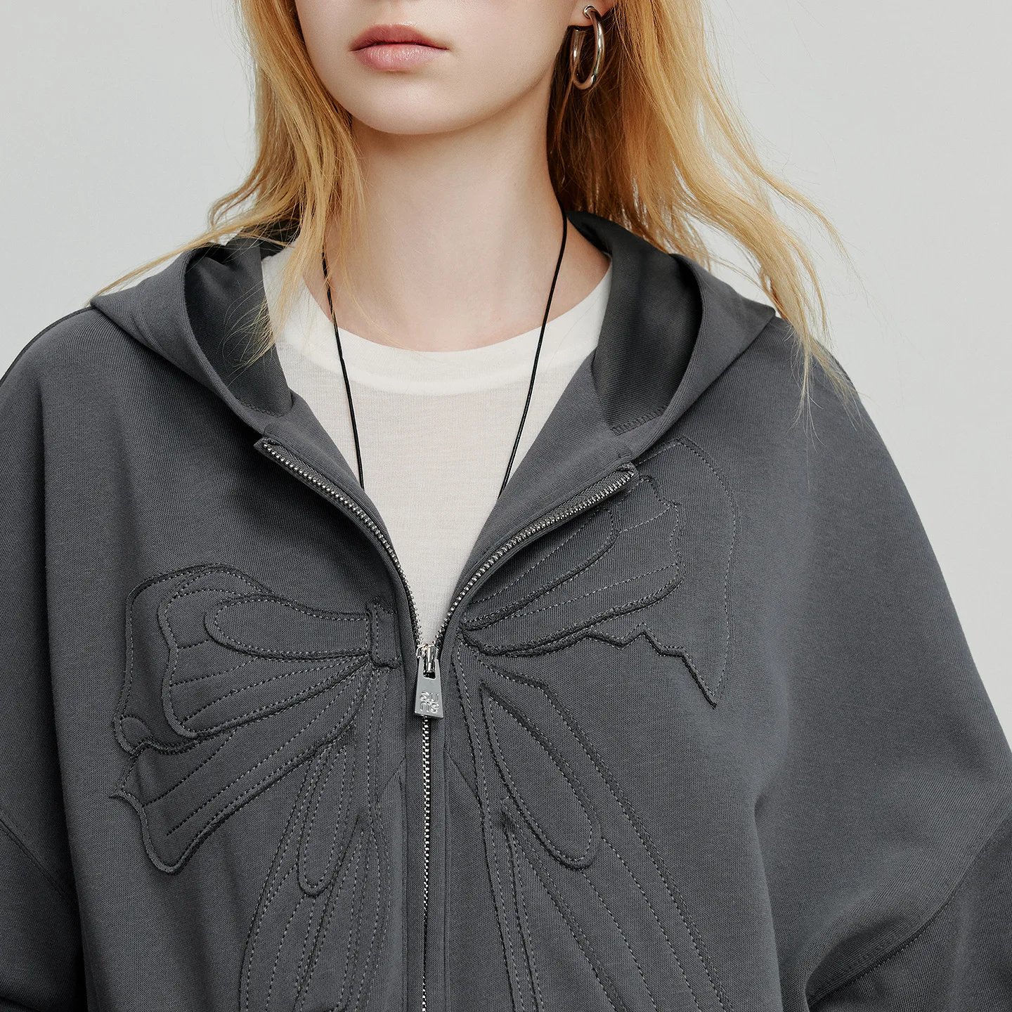 TOYOUTH Felpa con cappuccio da donna 2025 Autunno Nuovo Bowknot Chiusura con cerniera Sport Giacca cardigan casual Grigio scuro