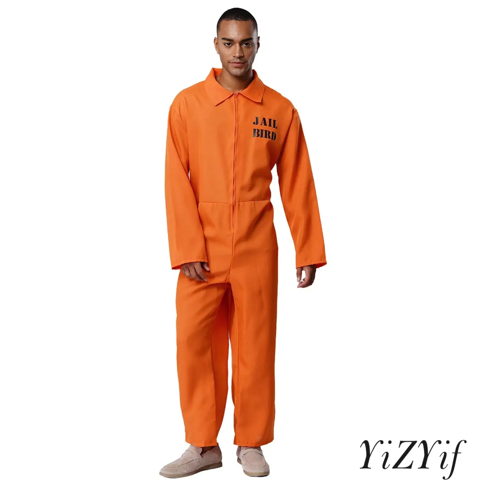 

Adults Mens Womens Professional Convict Uniform Lapel Long Sleeve Halloween Cosplay Rompers Jumpsuit for Prisoner Role Play Wear