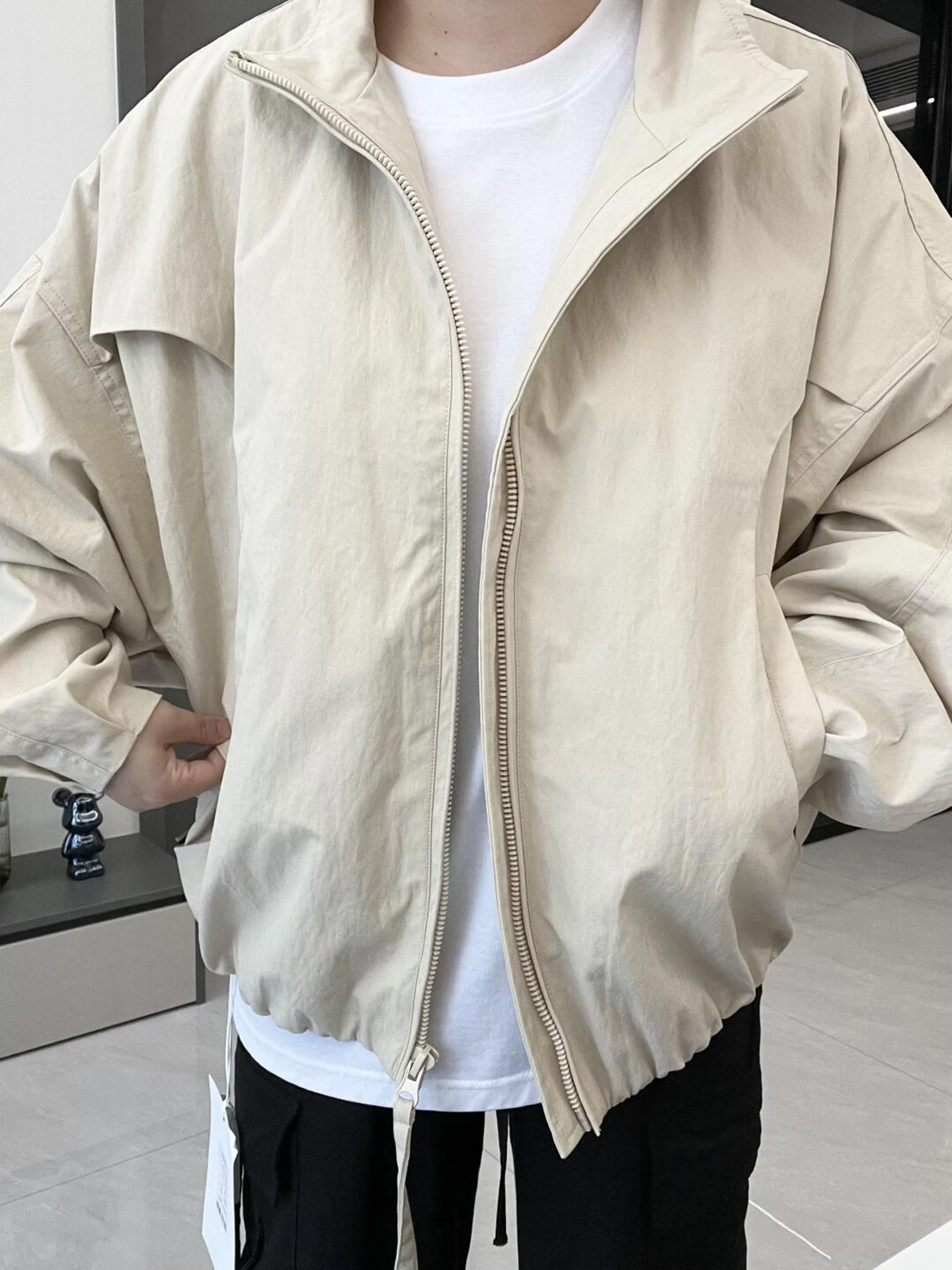 

Cleanfit Men's ort Pilot Jaet Autumn American Retro Silhouette Deconstructed Stand Collar Coat Anti-Wind Long Sve Zipper