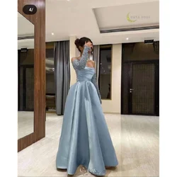 Cathy Blue Beaded Long Sleeves Satin Party Dresses A-line Strapless vestidos de noiva Floor-Length Prom Evening Dresses 2024