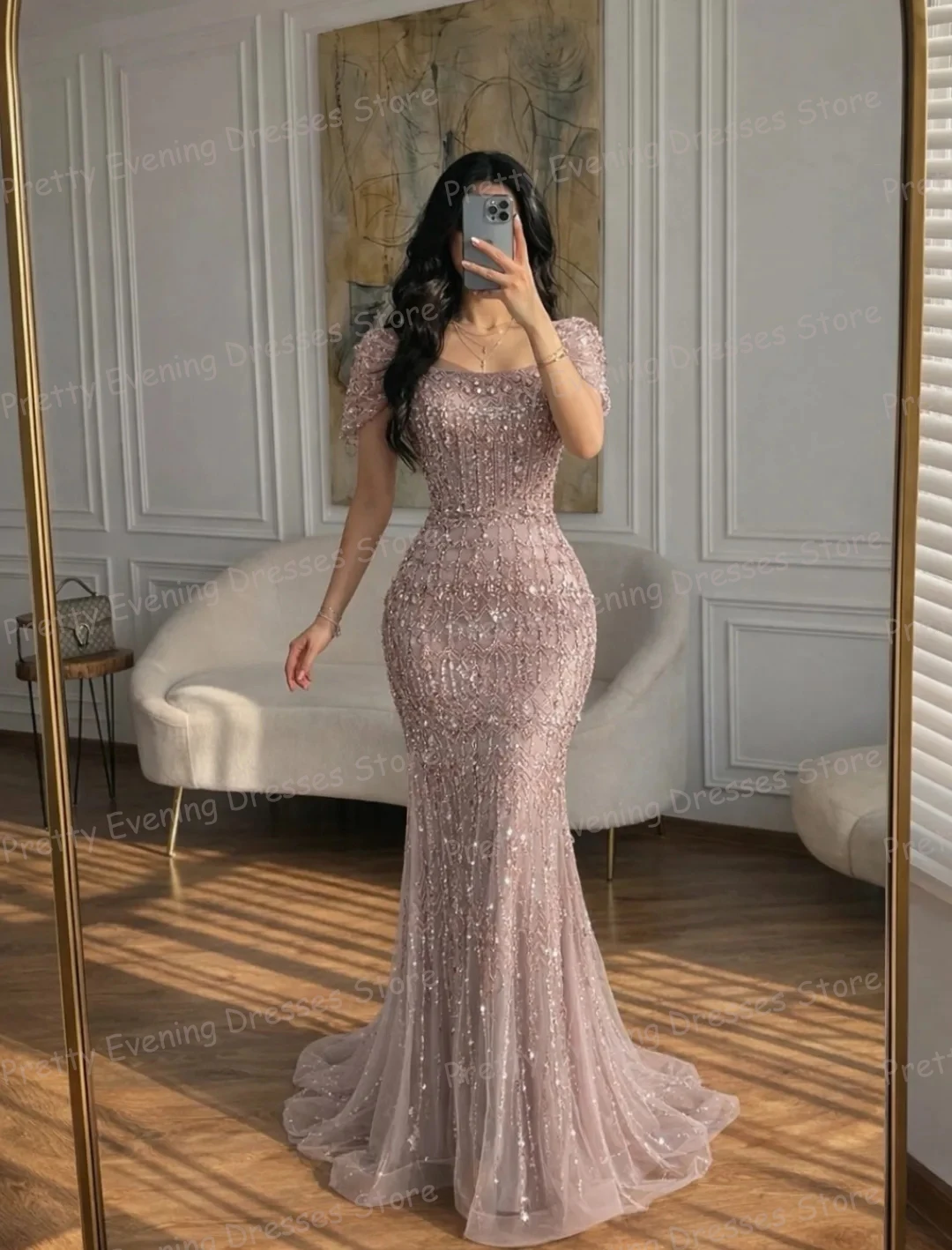 

Simple Shiny Evening Dresses Woman's Sequined Fashion Cap Sleeve Mermaid Prom Gowns Customized Party Tulle Vestidos De Novia