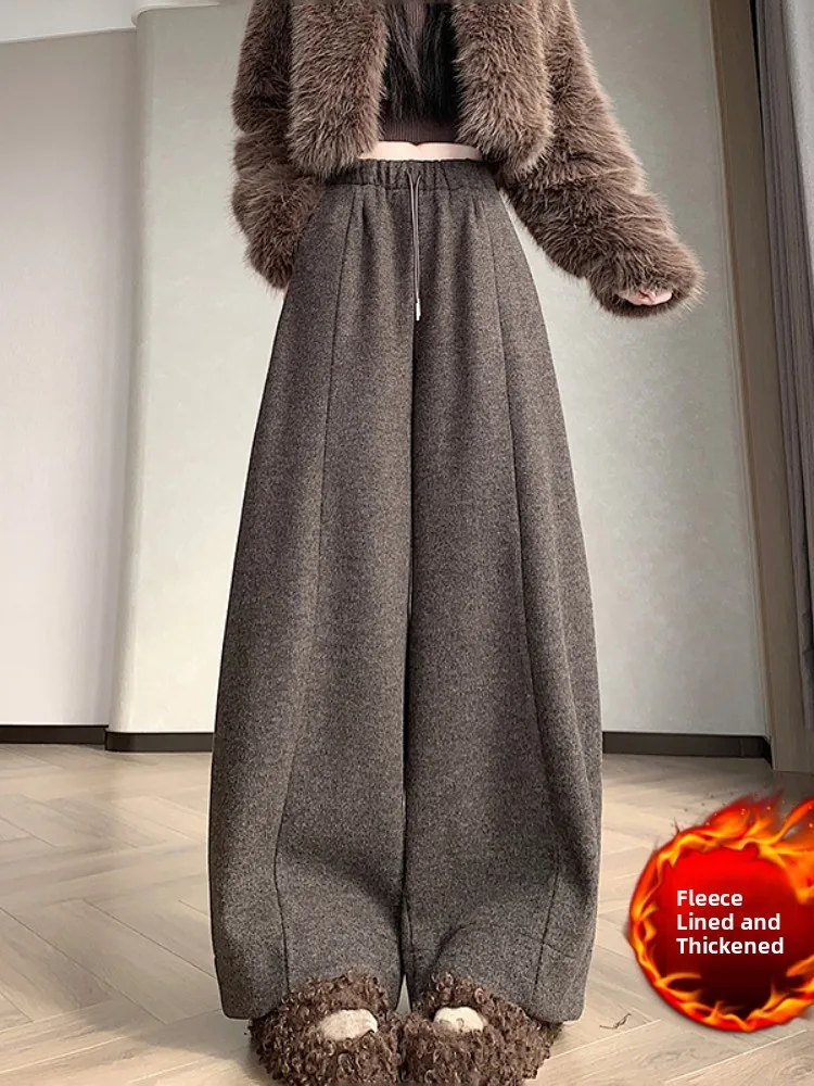 

Шерстяные брюки цвета хаки на флисовой подкладке, утолщенные, с широкими штанинами, женские, осенне-зимние, в корейском стиле, повседневные, с высокой талией, из ткани, визуально стройнящей фигуру