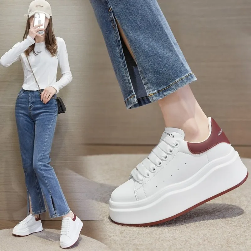 Women Slip On Platform White Sneakers Black Heel Patch No Laces Leather Height Increase Casual Skate Trainers