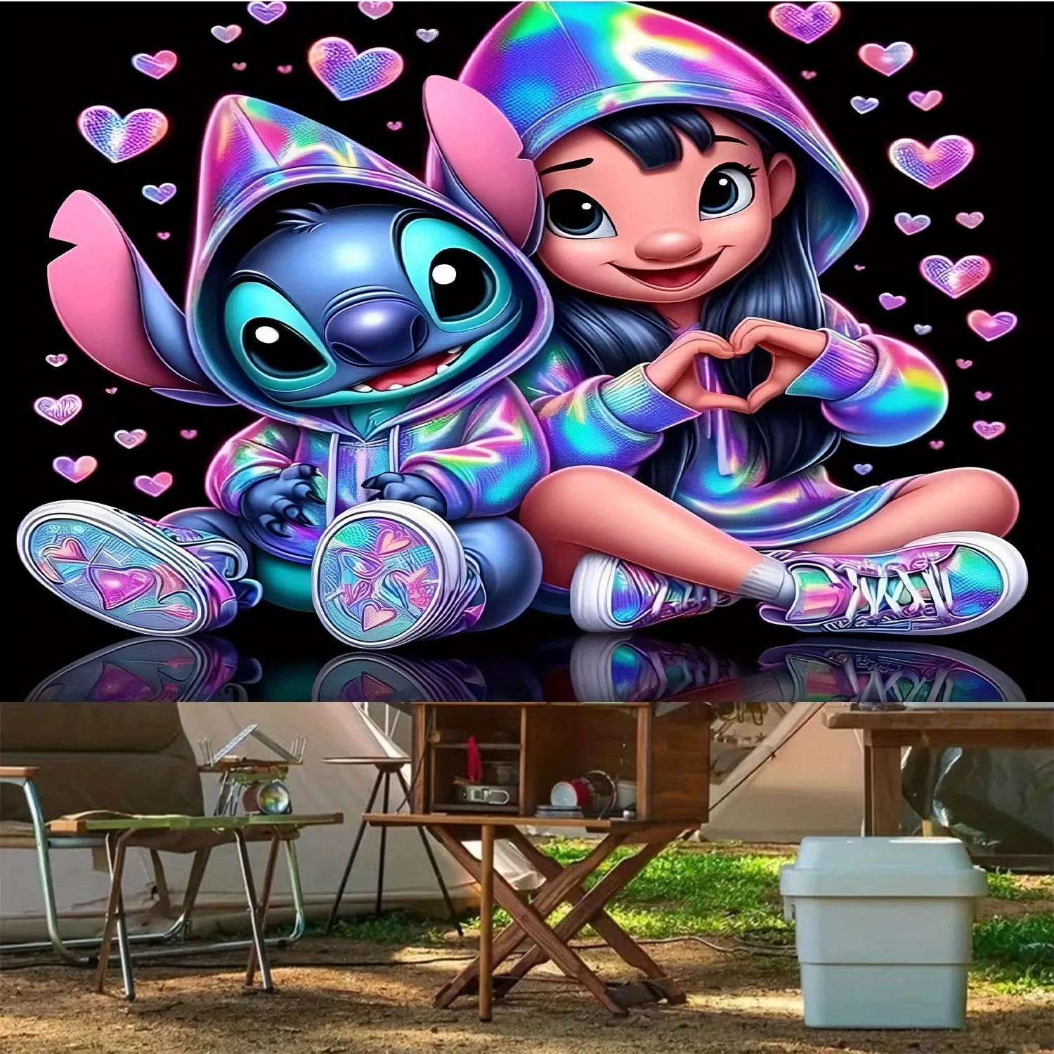    ديزني ستيتش آند جيرل مع نسيج حائط ثلاثي الأبعاد على شكل قلب لديكور مريح وغرفة ديكور خلفية من القماش