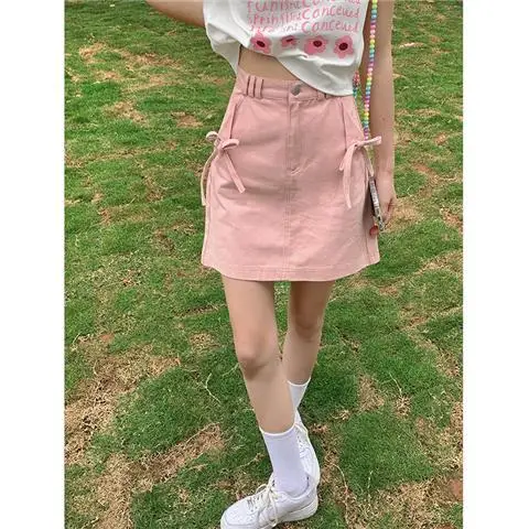 Denim Skirt Pink Bow Design 2024 Summer New Style Female Korean Version Sweet Little High Waist Slim A-Line Hip Skirt