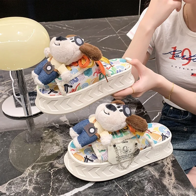 5CM Punk Style Animal doll Slippers for Women's Thick Soles Raised Canvas One Line Drag Women's Trendy Muffins for External Wear