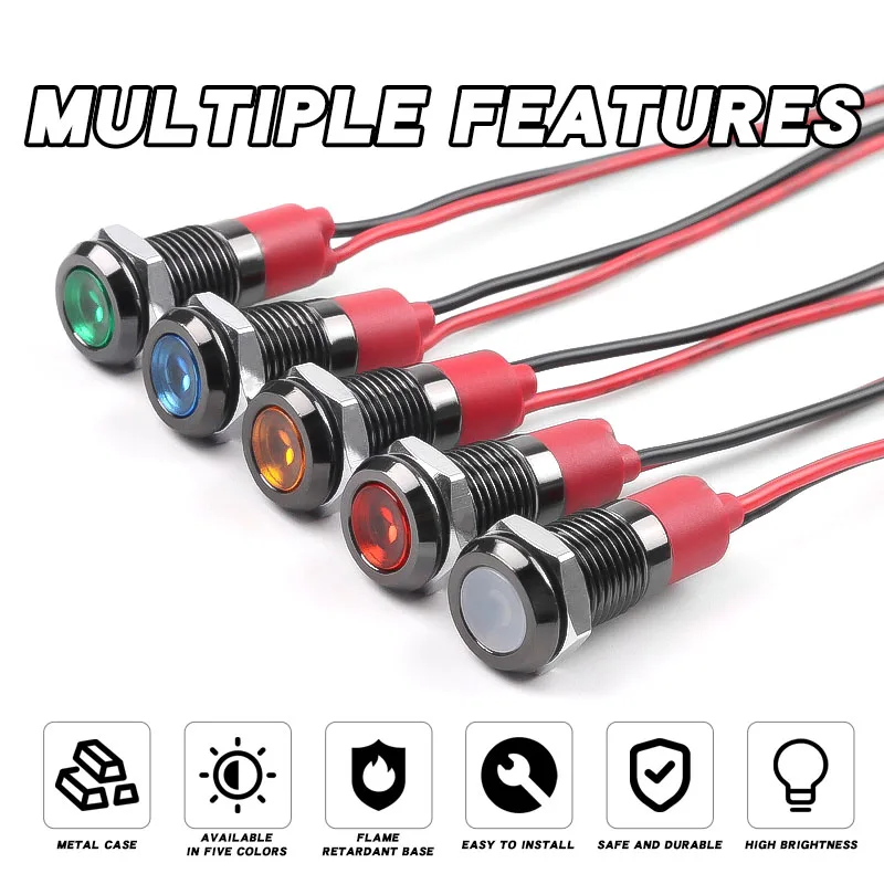 LED Metal Gösterge Işığı 8mm Su Geçirmez Sinyal Lambası Nokta Işığı Kablolu Siyah Gövdeli Kırmızı Sarı Mavi Yeşil Beyaz