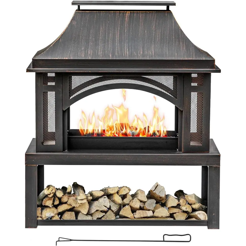 

Large Outdoor Wood-Burning Fireplace with Storage, Chimney, Screen & Poker - Perfect for Backyard, Patio, and Camping