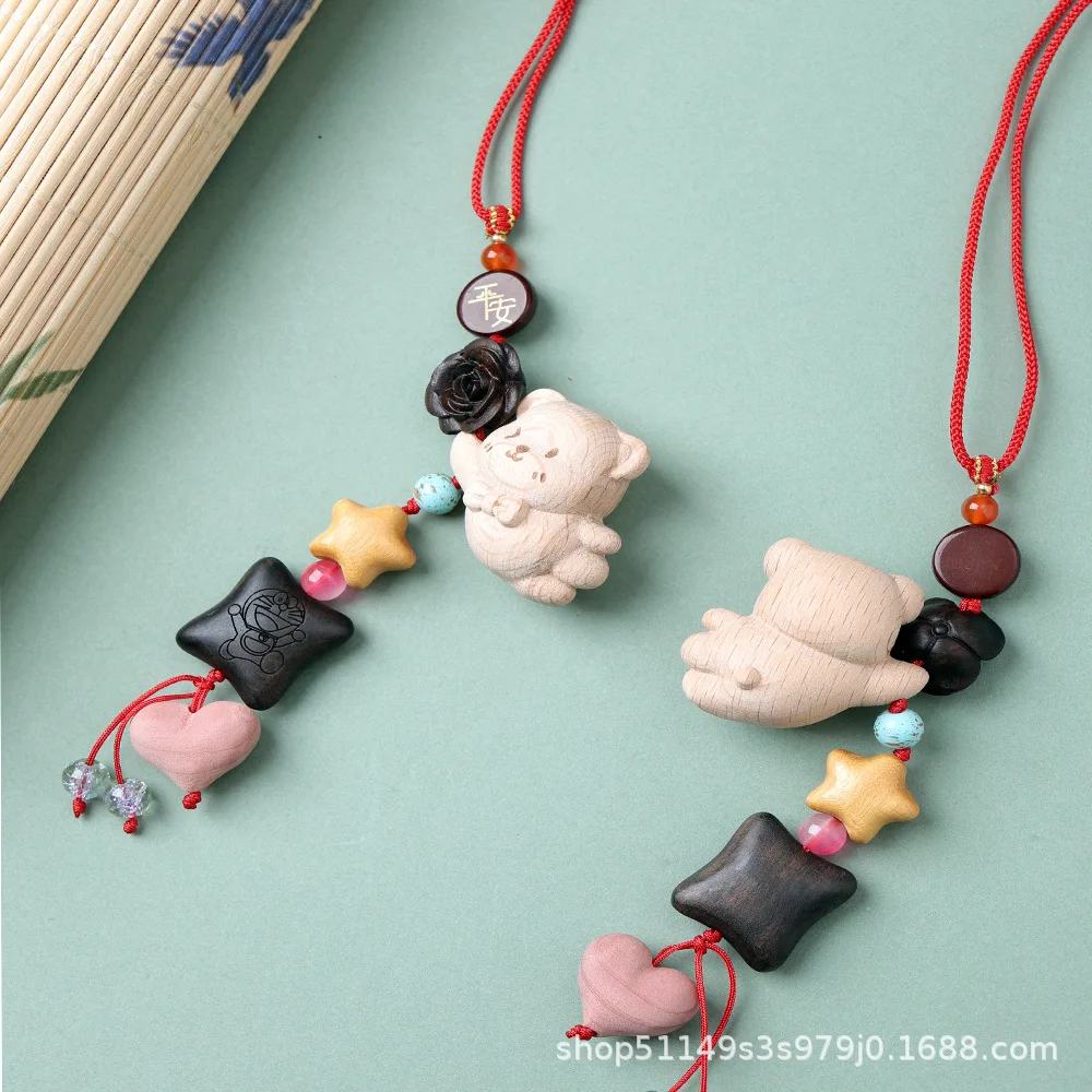 Wooden Bear Pendant Cute Cartoon Phone Chain Creative Peace Charm Hand Carved Wood Bag Ornament Home Decor Craft Gift
