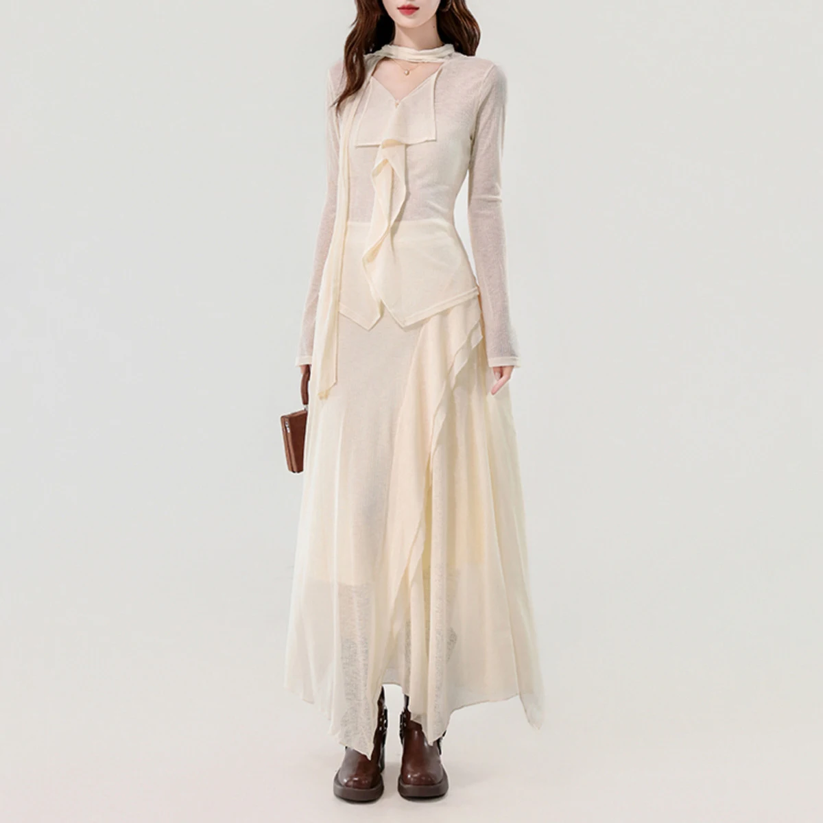 KWTX 2025 ensemble 2 pièces pour femmes à manches longues col en V volant t-shirt jupe asymétrique solide automne élégant Vintage Chic luxe