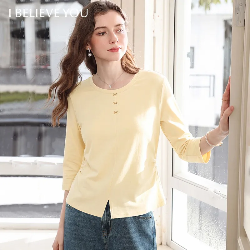 I BELIEVE YOU Yellow Bow Decor Three Quarter Sleeve T-Shirt for Women 2026 Autumn Slim Split Hem Crew Neck Casual Top 2263016488