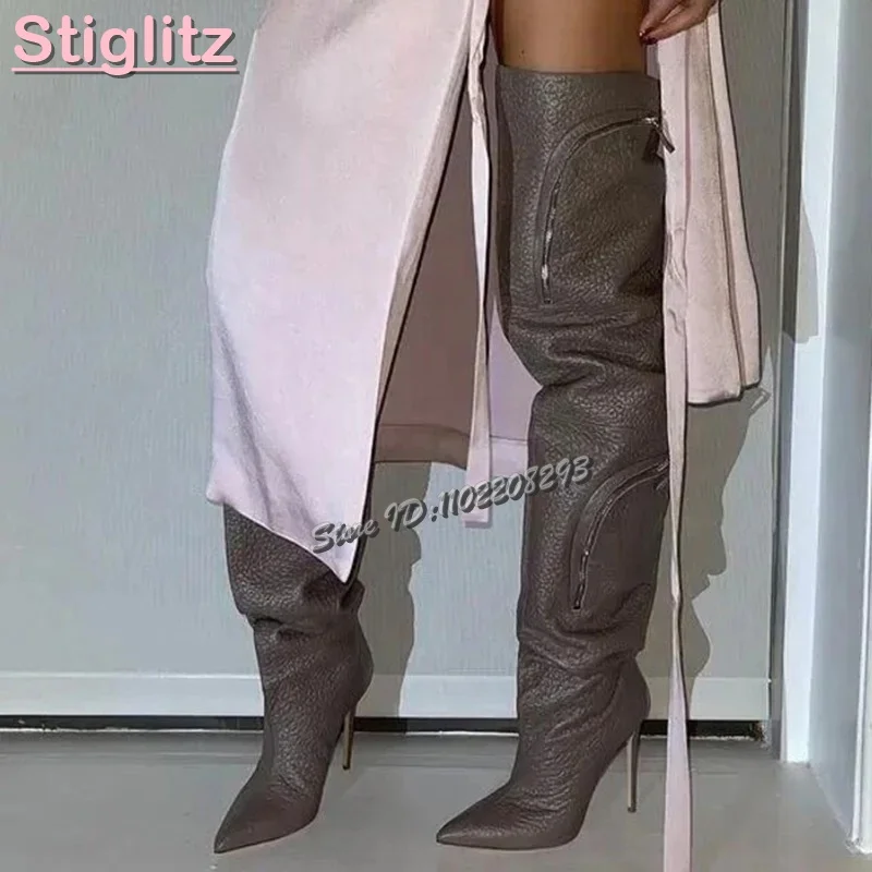 Sexy Pocket Over the Knee Boots Pointed Toe Zipper Stiletto Modern Boots Slip-on 2025 Winter New Women Fashion High-Heeled Shoes