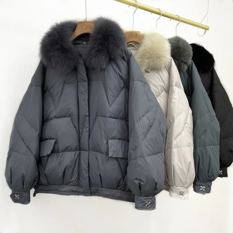 Winter New Large Fox Fur Collar Hooded Light Feather Jacket Women 90% White Duck Down Short Coat Warm Puffer Green Outwear