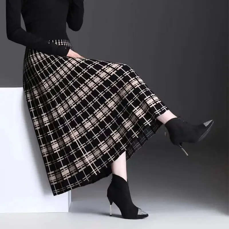 Plaid Skirt Winter Thick Woolen Half-Length Skirt 2025 New High-Waist  Plaid A-Line Large Skirt Apring Autumn Elegant