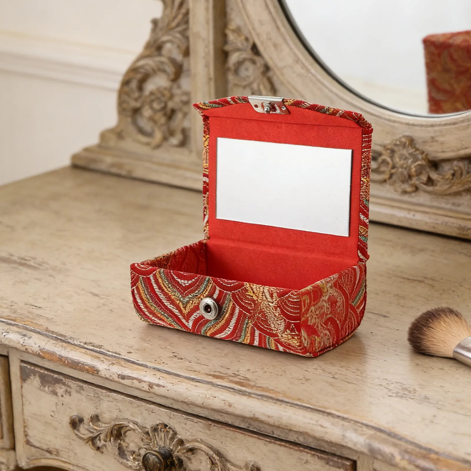 Small Lipstick Case Portable Pouch Red with Mirror Button Makeup Organizer Travel Lip Balm Holder Compact Organizer Box