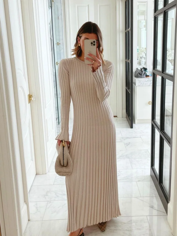 

Slim Fit O-neck Full Sleeved Lace Pleated Long Dress Elegant Solid Color Knitted Women's Dress Autumn Lady Commute Street Robes