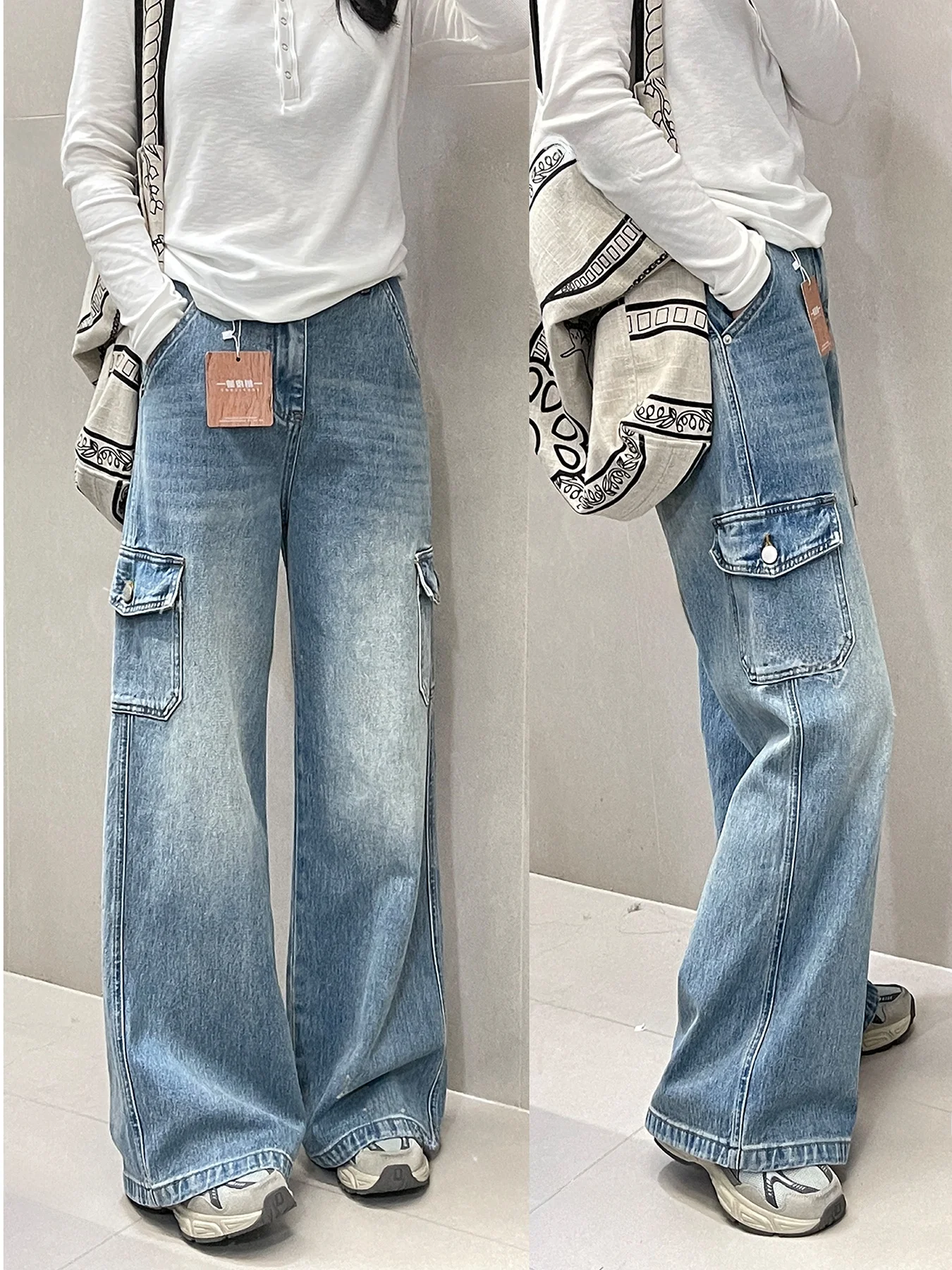 

Стильные женские джинсовые брюки для работы, весенняя новинка, плотные, с эффектом мятой ткани, широкие, в пол, с большими карманами