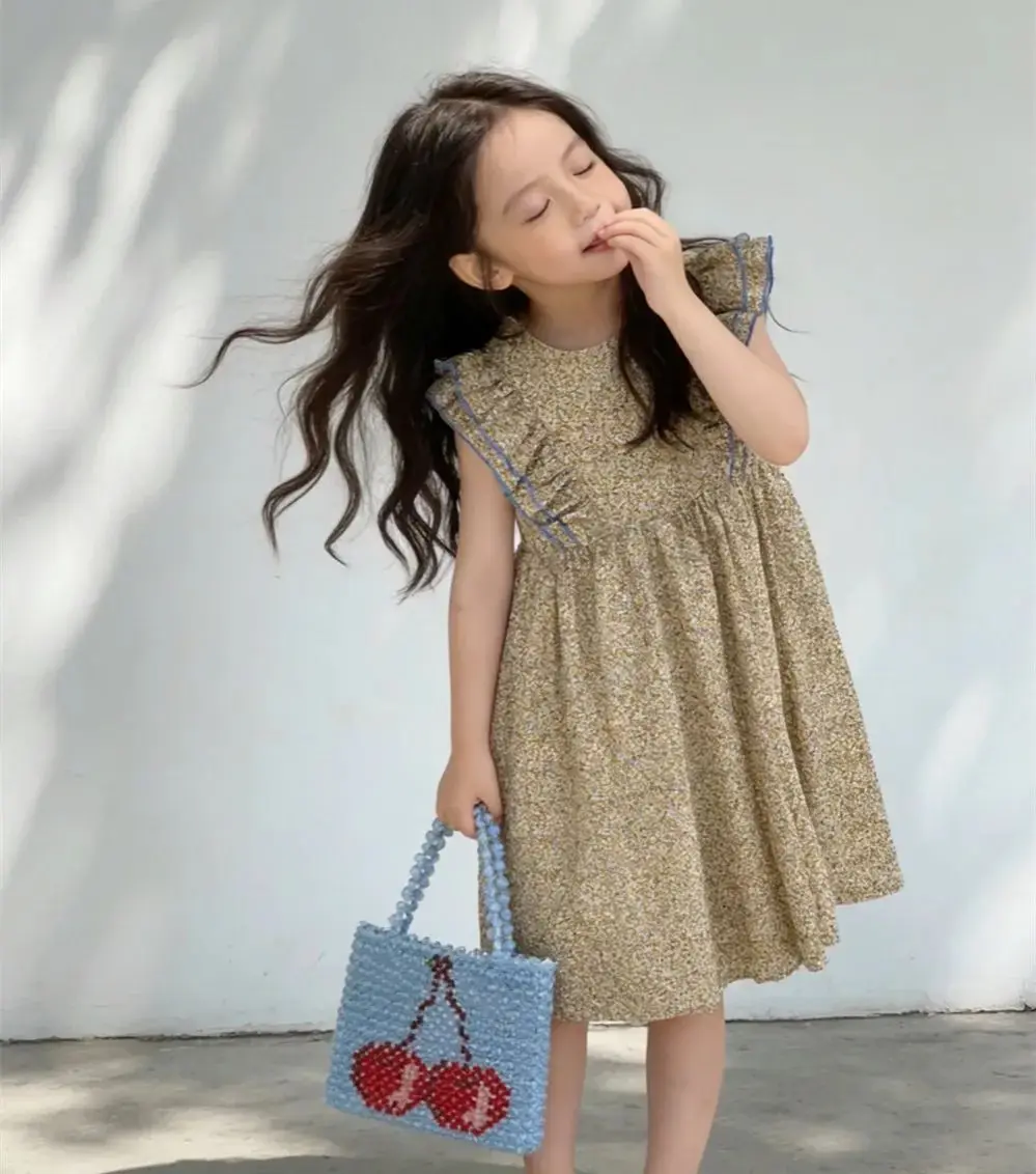 

summer dresses girls clothes French style flying sleeves Sweet dress kids clothes girls Floral patterned dress