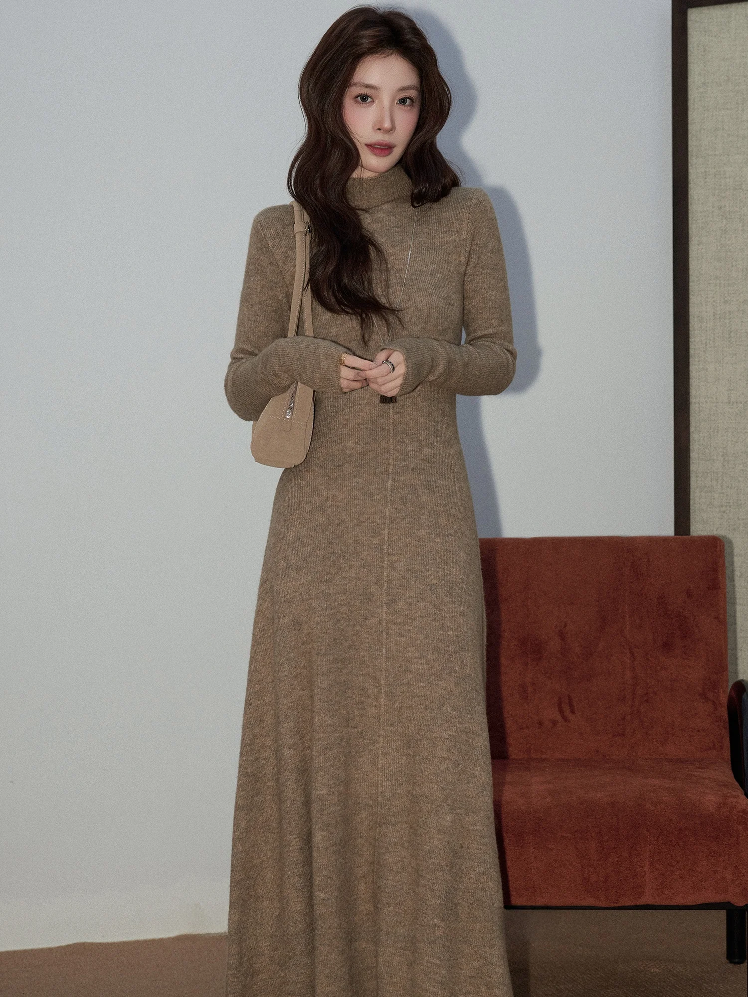 

Вязаное платье QinI с высоким воротником и длинными рукавами, облегающее, с зауженной талией, осенне-зимнее, в стиле ретро, для повседневной носки