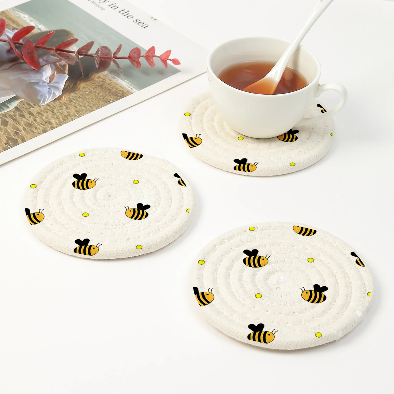 6pcs Cute Bee Cotton Braid Coaster Handmade Cup White Cushion Bohemia Style Non-slip Cup Mat Decoration Bedroom Home Decor