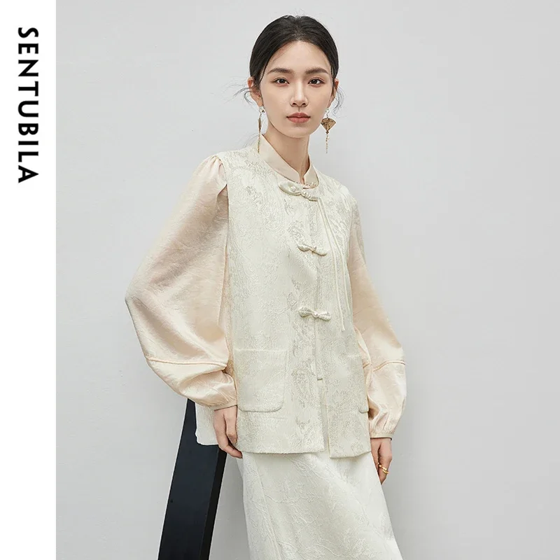 

SENTUBILA Texture Jacquard Vests for Women 2024 Autumn New Chinese Style Straight Sleeveless Elegant Women Coat 143J57610X