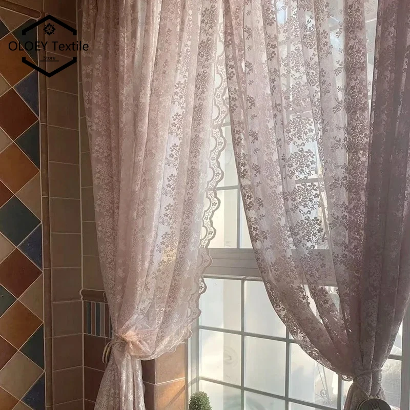 

Flower Pink Sheer Curtain French Romantic Jacquard Living Room Window Curtains Lace Macrame Tulle Curtain for Bedroom Room
