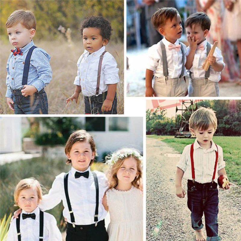 สีทึบเด็กเข็มขัด Bowtie ชุดเด็กทารกเด็กหญิง Suspenders Clip-on Y-Back Braces Bow Tie เด็กปรับ