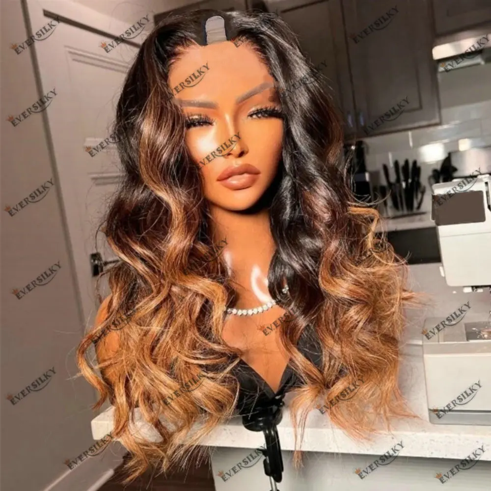 

V Part Wig 100% Human Hair Wigs Long Glueless Ombre Honey Blonde Wavy Adjustables1*4 Size U Shape Wig Indian Remy Hair for Women