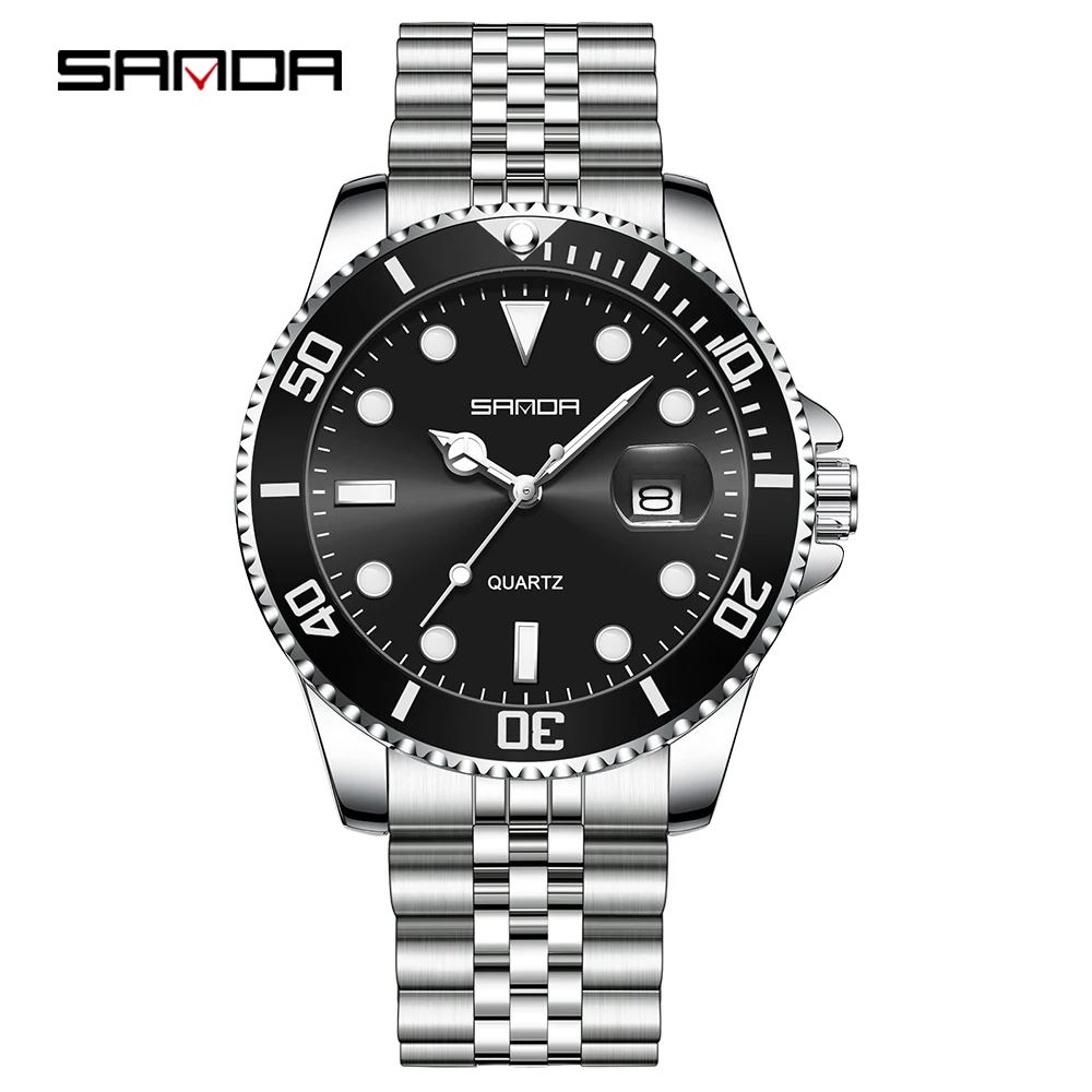 SANDA 1099 Herren-Quarzuhr, personalisierbar, wasserdicht, mit Nachtlicht, Kalender, modisch, für Business, Edelstahlarmband