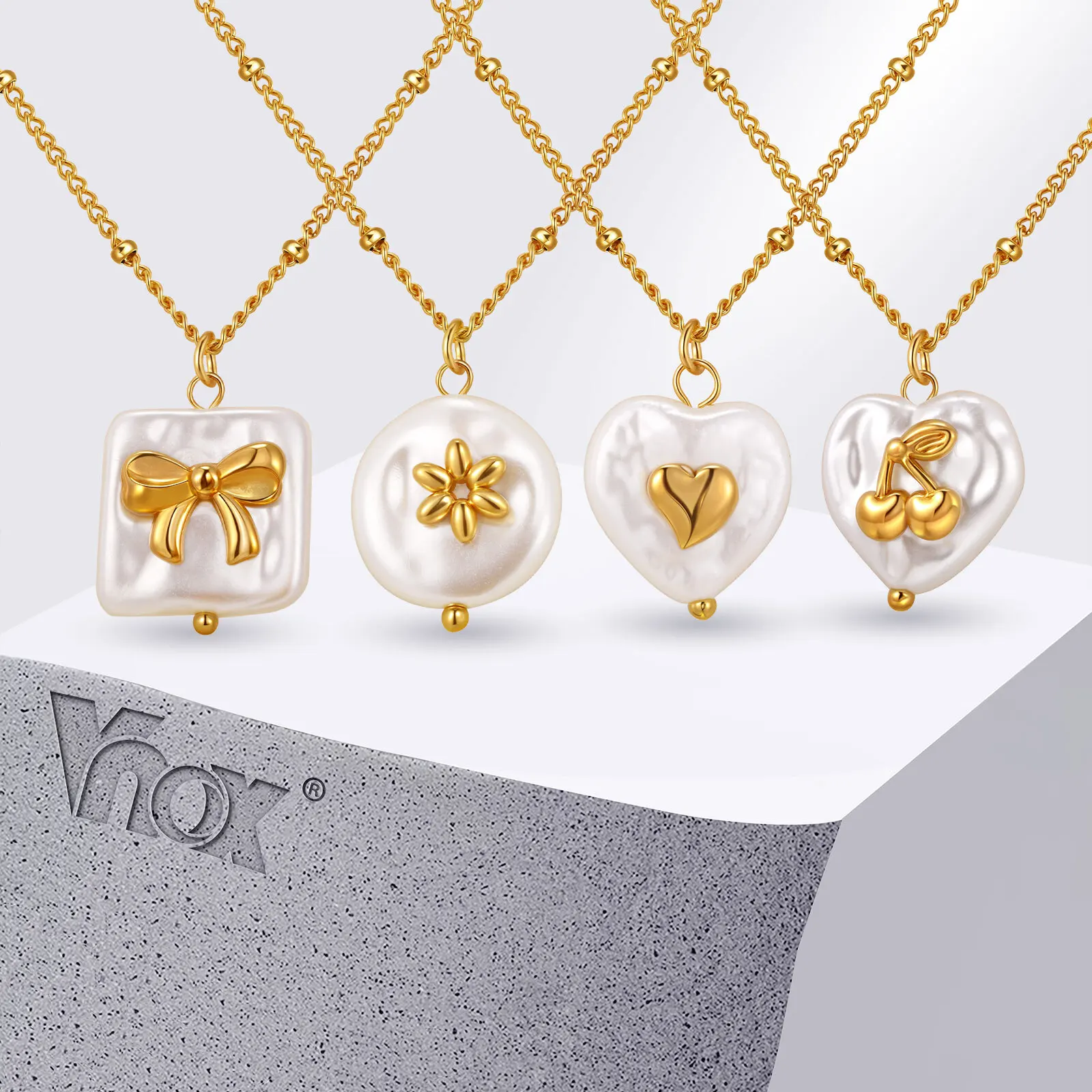 

Vnox New Heart Square Flat Pearl Pendant Necklace For Women, Stainless Steel Classic Beads Chain, Christmas Jewelry Gifts
