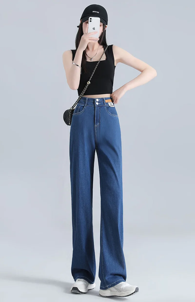 

Women Jeans Hight Waist Fashion Elastic Waist Double Button Denim Pant Female Straight Leg Streetwear Thin Summer Baggy Trousers