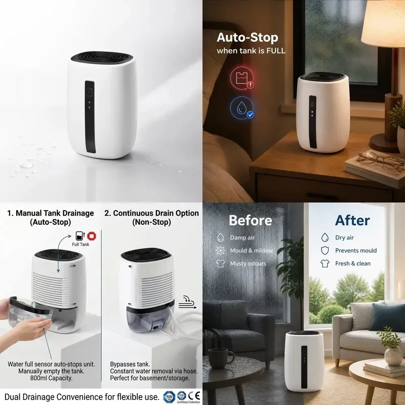 800ml Portable Compact Dehumidifier with Water Pipe Thermoelectric Semiconductor Household Silent Small Moisture Absorber