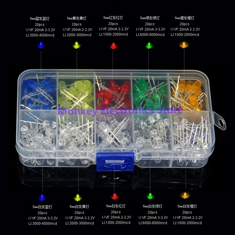 200 Stuks 5Mm Led Diode Kralen Set Box Wit/Blauw Geel Rood Groen Oranje Haar Blauw Geel Rood Groen Oranje Oranje Ronde Hoofd Dip