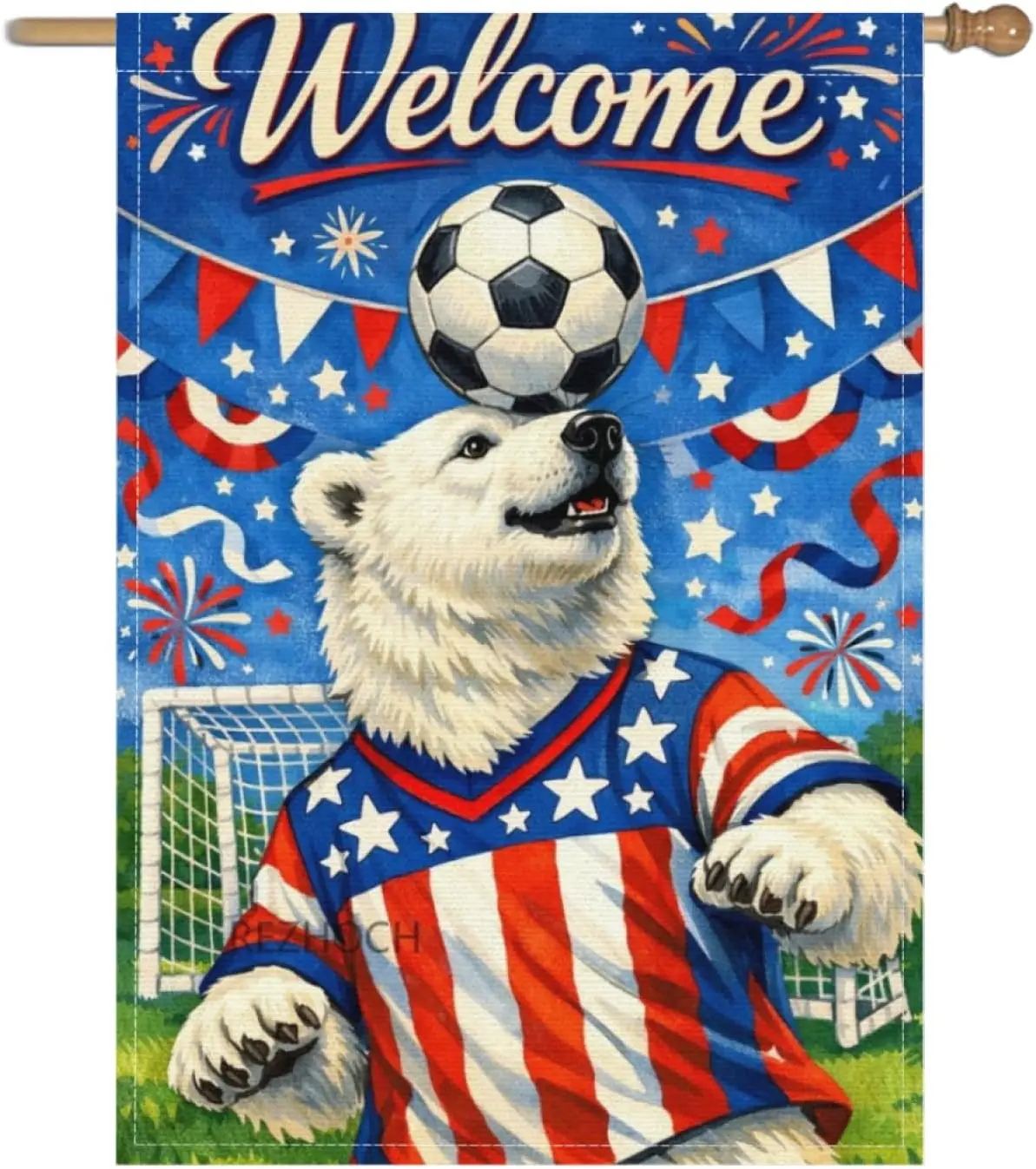 Welcome Funny Polar Bear Garden Flag 28x40Inch,Boho American Red White Blue Outdoor Yard Decor,Soccer Animal Festive Stars S AAS
