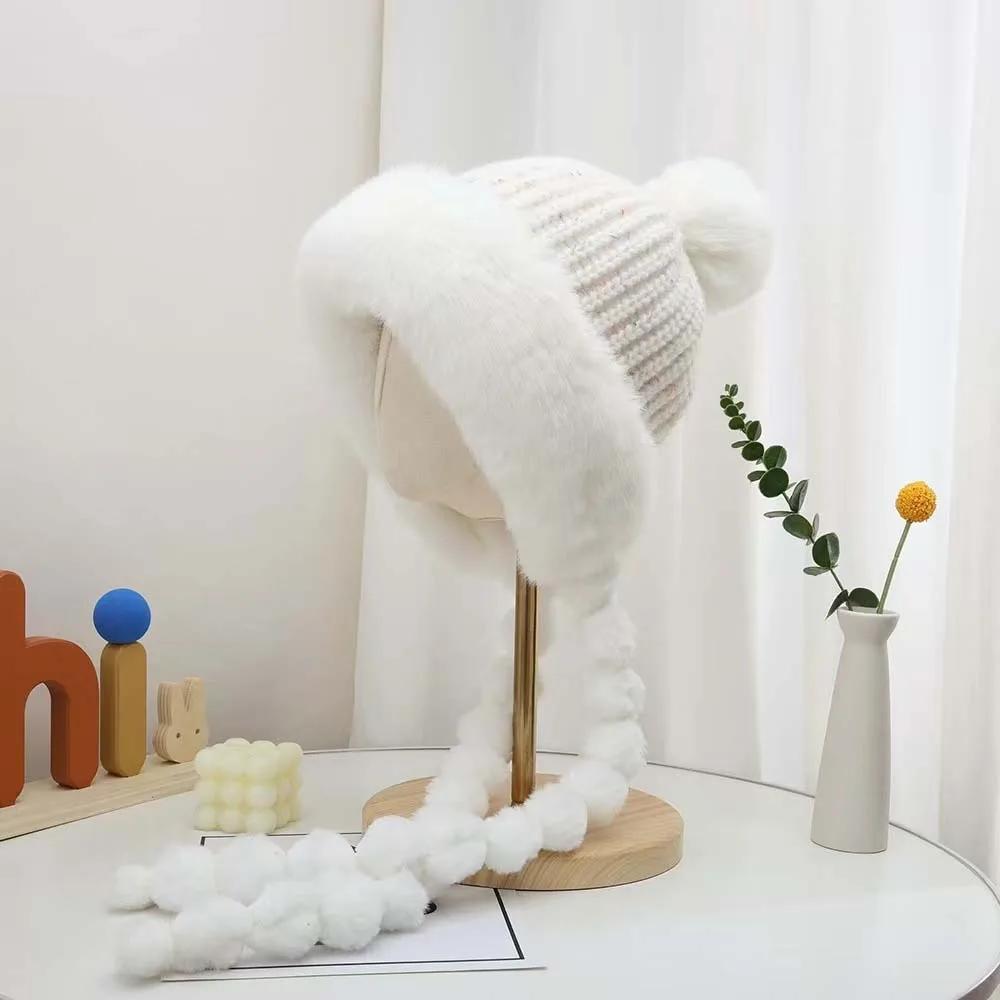 Fleece Lined Pompom Braids Hat Striped Knit Soft Yarn Fleece Knit Beanie Fur Brim Thermal Fur Trim Trapper Commute