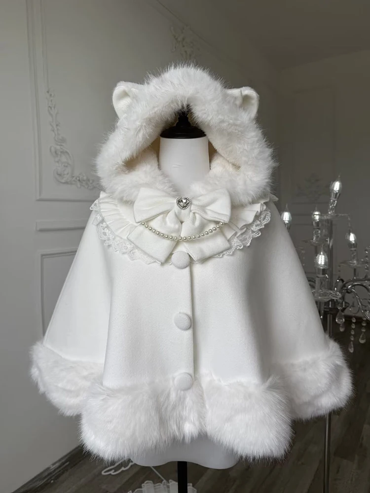Japanese Lolita Woolen Capes Women Kawaii Sweet Bow Lace Patchwork Hooded Ponchos Sleeveless Fur Collar Cute Cat Ears Outwear