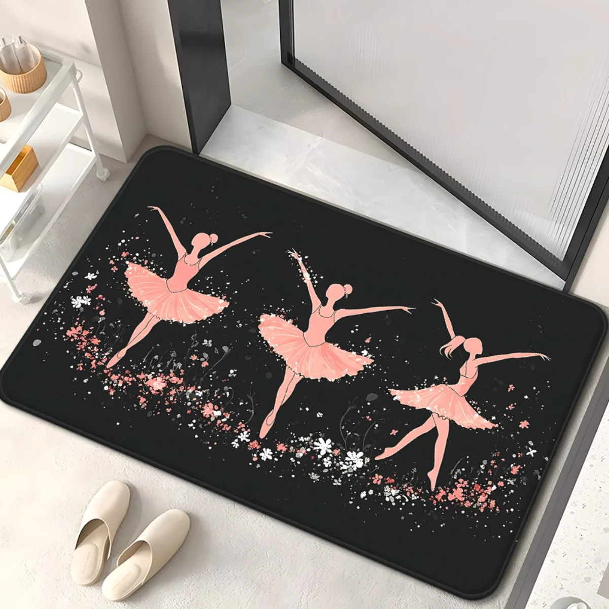 1pc 2D Flat Pink Ballerina Dancer Black Background Flannel Bath Mat Non Slip Art Girl Rug For Bedroom Bathroom Floor