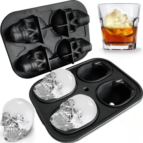 4/6 Cavity 3D Skull Shaped Ice Cubes Tray Silicone Ice Mold Rose and Diamond Ice Tray Moulds with Funnel for Whisky Cocktail