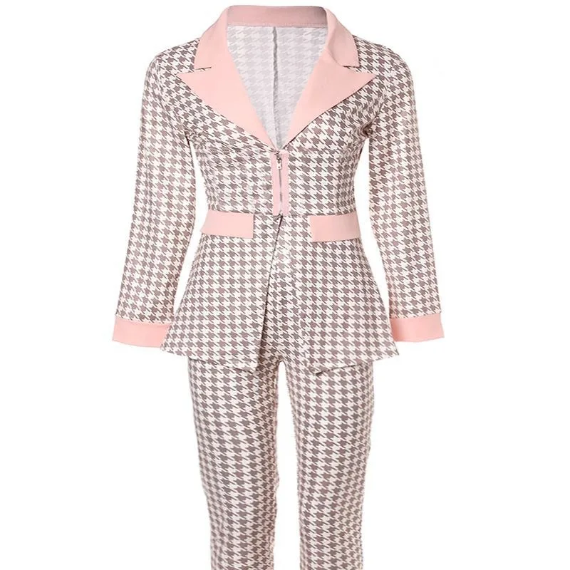 Women Elegant Two Piece Set Long Sleeve Lapel Collar Corset Jacket Top Bodycon Pants Outfits Houndstooth Print Zipper Blazer Set