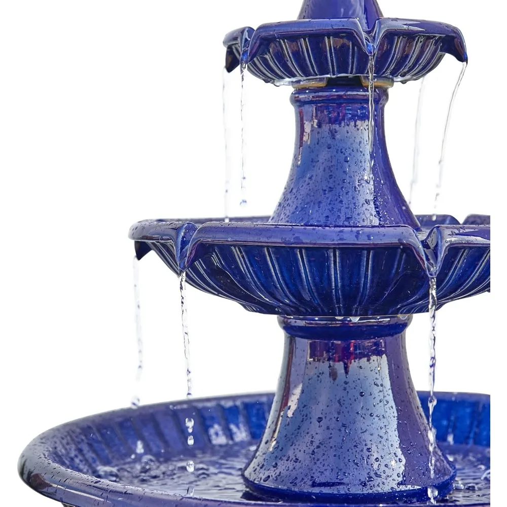 نافورة مياه خارجية بحامل أرضي مع ضوء LED ومضخة كبيرة الحجم 3 طبقات من السيراميك الكوبالت الأزرق نافورة الفناء #6