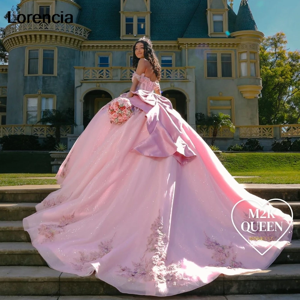 Customized Shiny Mexican Pink Quinceanera Dress Ball Gown 2024 Applique Beading Bow Corset Sweet 16 Vestidos De 15 Años YQD906