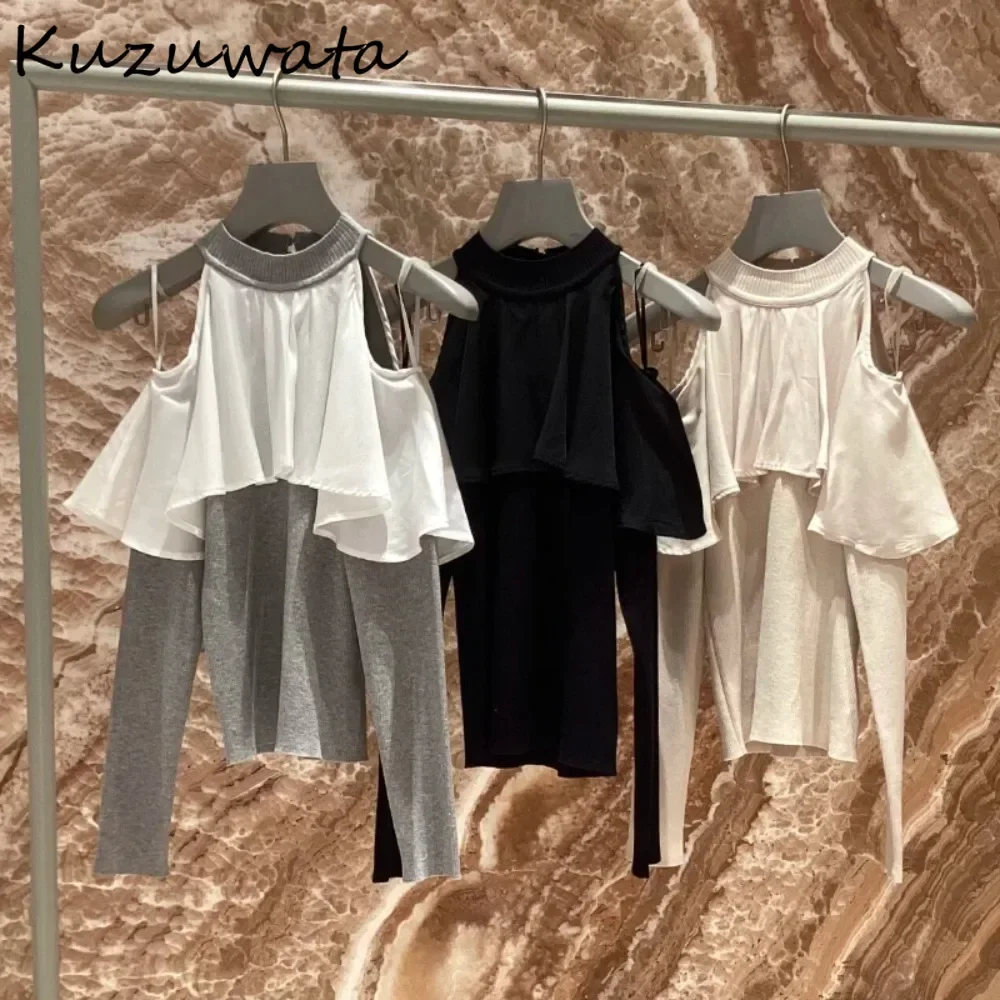 Kuzuwata Literary Pure Desire Wind French Style Knitted Patchwork Voile Knit Off Shoulder Sweaters Japan Cloak Elegant Pullover